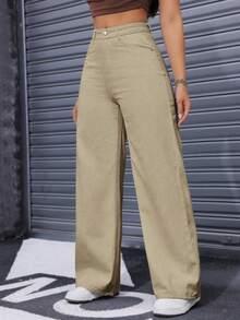 SHEIN ICON 大尺碼女款寬鬆直筒寬腿休閒牛仔褲，夏季卡其色 - 駝色 - 查看 3
