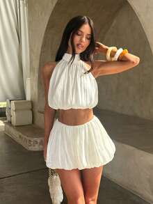 Opulessa Bộ đồ nữ màu trơn dệt kim gồm áo croptop trễ vai và quần short, thích hợp cho mùa xuân/hè. - Màu be - Xem 4