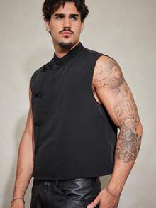 FeverCity Men's Summer Fashion New Chinese Style Stand Collar Frog Button Decor Vest - Black - View 5
