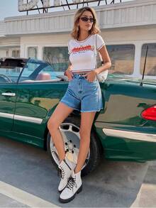 EMERY ROSE Solid Raw Hem Denim Shorts, Mom Shorts Summer - Light Wash - View 3