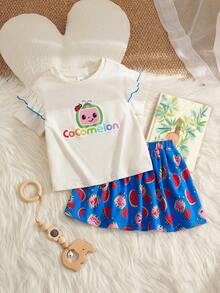 CoComelon X SHEIN Baby Girl Summer Casual Cartoon Pattern Ruffle T-Shirt And Watermelon Print Skirt Set - Apricot - View 1