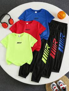 SHEIN 6pcs/Set Boys' Casual Minimalist Letter Print Crew Neck Pullover Sportswear Set - Multicolor - View 2