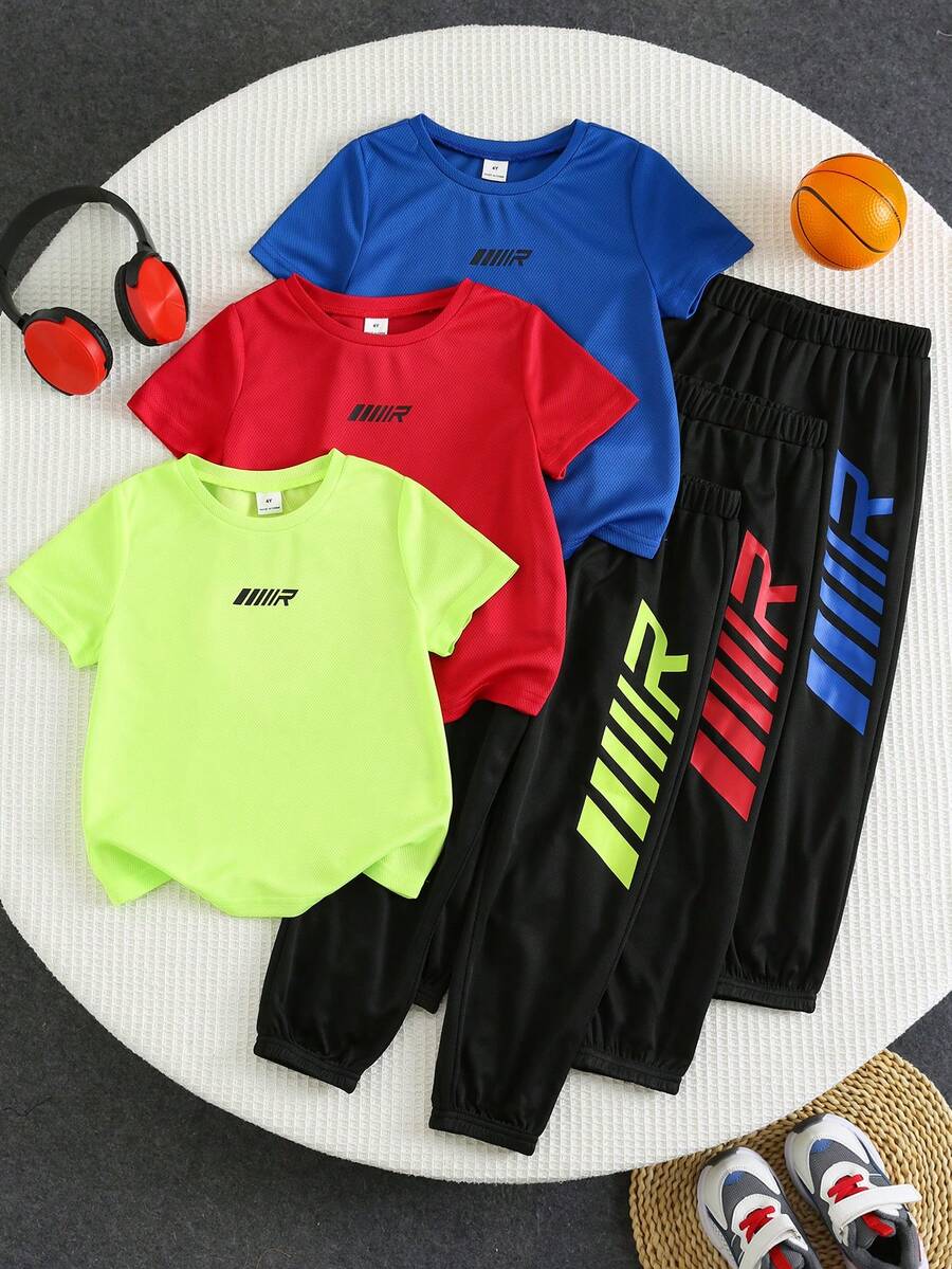 SHEIN 6pcs/Set Boys' Casual Minimalist Letter Print Crew Neck Pullover Sportswear Set