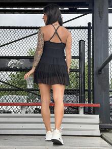 SAYEHFBABY 女士无袖运动连衣裙，配有可拆卸衬垫胸罩、网纱裙摆和短裤内衬，适合休闲穿着、跑步、瑜伽、健身、网球和高尔夫等运动。 - 黑色 - 查看 2