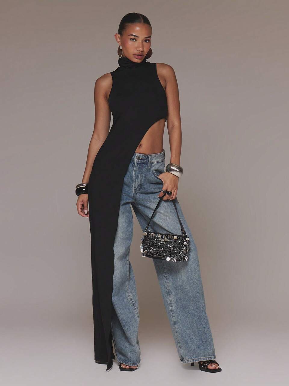 Black High Neck Asymmetric Cut Out Side Draped Maxi Length Long Sleeveless Top