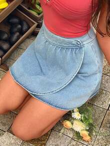 SHEIN Chân váy denim ngắn nữ kiểu dáng bất đối xứng eo, đa năng. - Màu xanh lam - Xem 4
