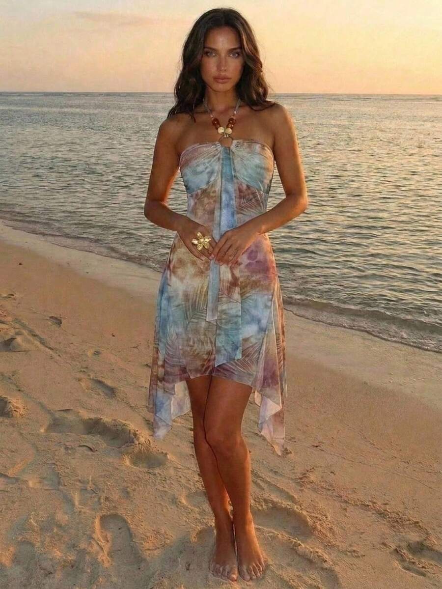 Aloruh Đầm ngắn dự tiệc gợi cảm cổ yếm nhuộm tie-dye dành cho nữ - Nhiều màu - Xem 1