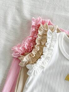 SHEIN Vintaside Kids 3件套女婴夏季休闲可爱甜美柔软弹力罗纹上衣，粉色、白色和浅杏色纯色上衣，饰有花卉刺绣，适合6个月至3岁婴幼儿户外、度假、日常穿着 - 彩色 - 查看 7