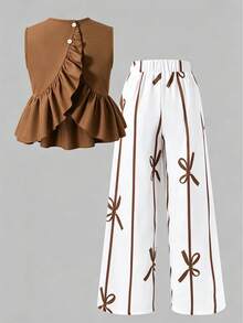 Set de 2 piezas Conjunto de verano para niñas con top sin mangas con volantes en la espalda y pantalones con estampado de mariposas, casual y versátil, adecuado para vacaciones, salidas, compras, ir y venir - Marrón - Ver 2