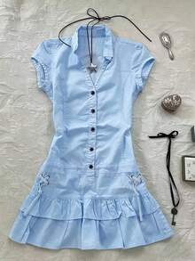 IslaSuriya Vestido corto casual de mujer con volantes en el bajo, unicolor, para verano - Azul - Ver 1