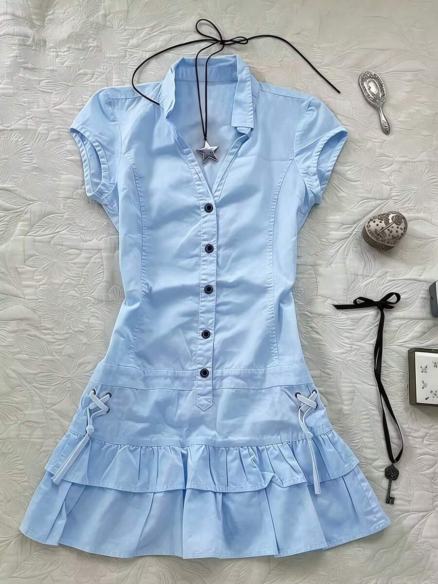 IslaSuriya Vestido corto casual de mujer con volantes en el bajo, unicolor, para verano - Azul - Ver 1