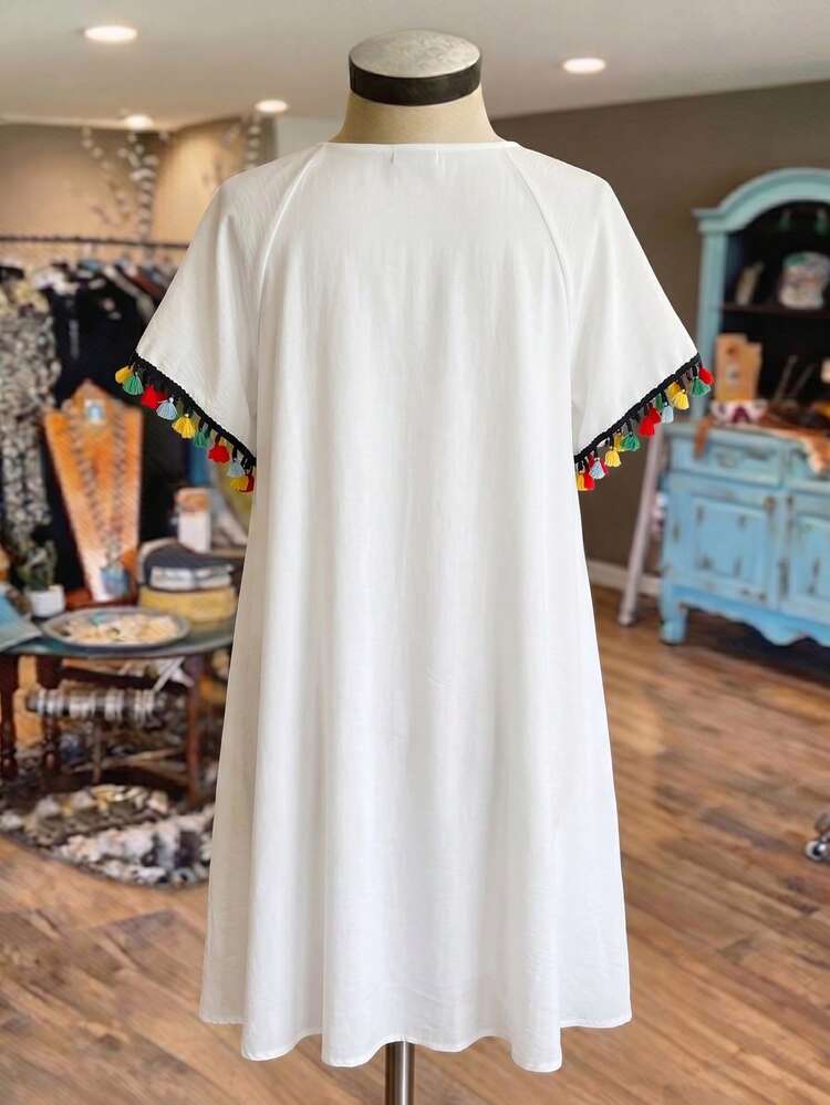 Plus Size Women Vacation Fringe Sleeve Geometric Print Loose Dress