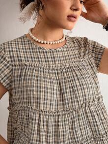 Freevana Plus Size Summer Casual Plaid Ruffle Trim Shirt - Black - View 5