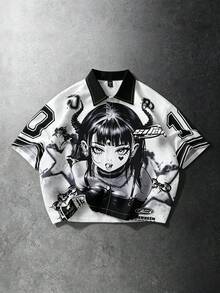 ROMWE MEN Y2K Anime Girl 10 Print Jersey Shirt, Black White Streetwear Button Up Top - Multicolor - View 3
