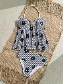 SHEIN Tween Girl Striped Floral Print Halter Tankini And Triangle Tankini Swimwear Set, Suitable For Summer Vacation And Beach - Black and White - View 4