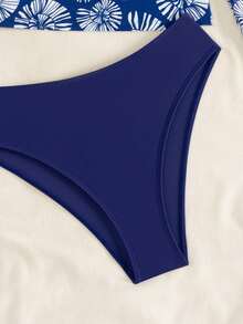 Swim SPRTY New Tropical Shell Print Colorblock Drawstring Bikini Top And Solid Color Triangle Bottoms, Women Swimwear For Swimming Party Vacation, Surfing, Beach - Multicolor - View 5