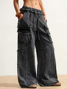 Bohemela Plus Size Women's Fashion Versatile Drawstring Waist Pocket Casual Cargo Denim Pants - Black - View 6