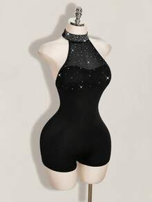 SHEIN ICON Women's Rhinestone Decor Halter Neck Romper Unitard - Black - View 7
