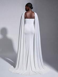 Elitara Plus Size Elegant White Dignified Strapless Pleated Fish Tail Maxi Wedding Dress With Luxurious Rhinestone Decor (Detachable Neck Hanging Piece), Slimming Effect For Bride - White - View 4