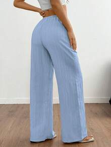 EMERY ROSE Plus Size Women Casual Solid Color Wide Leg Pants, Autumn Clothing Material, Big Size Trousers Fall - Sky Blue - View 2