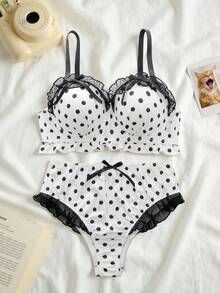 Lowkey Lull 2pcs Plus Size Bra Set With Molded Cup, Underwire, Mesh Inset, Ruffle Trim, Bow Accent, Lift & Enhance, Polka Dot Pattern  Cozy And Elegant Details - Black and White - View 1