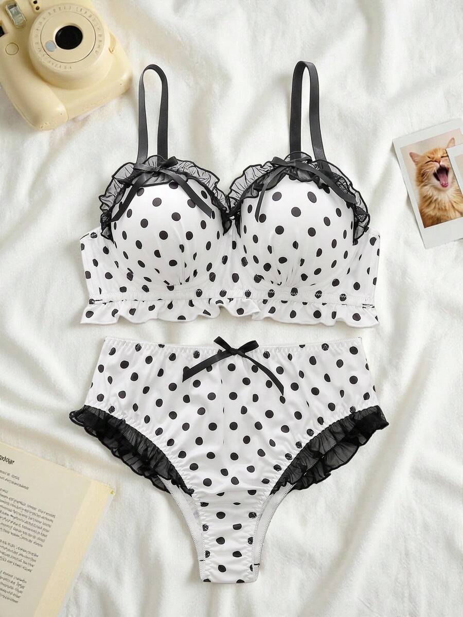 Lowkey Lull 2pcs Plus Size Bra Set With Molded Cup, Underwire, Mesh Inset, Ruffle Trim, Bow Accent, Lift & Enhance, Polka Dot Pattern Cozy And Elegant Details - Black and White - View 1