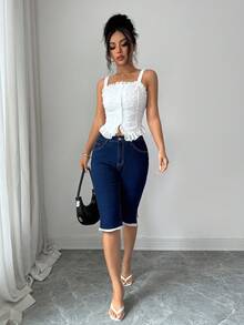 Selianne Women's Casual Elastic Lace Trim Modern Fashion Woven Denim Capri Pants - Dark Wash - View 4