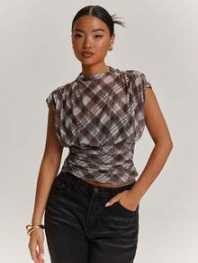 SHEIN BAE Women's Casual Holiday & Commute Daily Plaid Mesh Knit See-Through Blouse - Brown - View 6