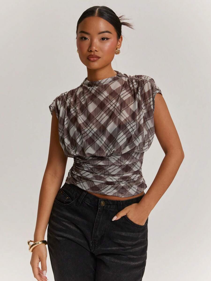 SHEIN BAE Women's Casual Holiday & Commute Daily Plaid Mesh Knit See-Through Blouse - Brown - View 1