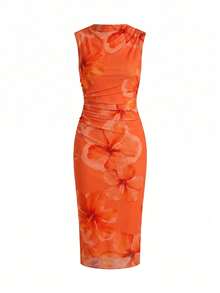 Ellevyn Women's Floral Print Pleated Elegant Waist-Defining Party Dress - Burnt Orange - View 6