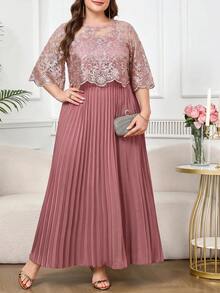 Reflora Plus Size Elegant Party Embroidered Mesh Patchwork Dress - Pink - View 5