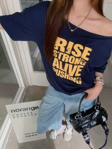 K-Vae Women's Navy Blue Asymmetrical Shoulder Short Sleeve T-Shirt, Contrast Color Letter Print, Loose Fit Flattering Top Daytime Summer Street Wear - Navy Blue - View 1