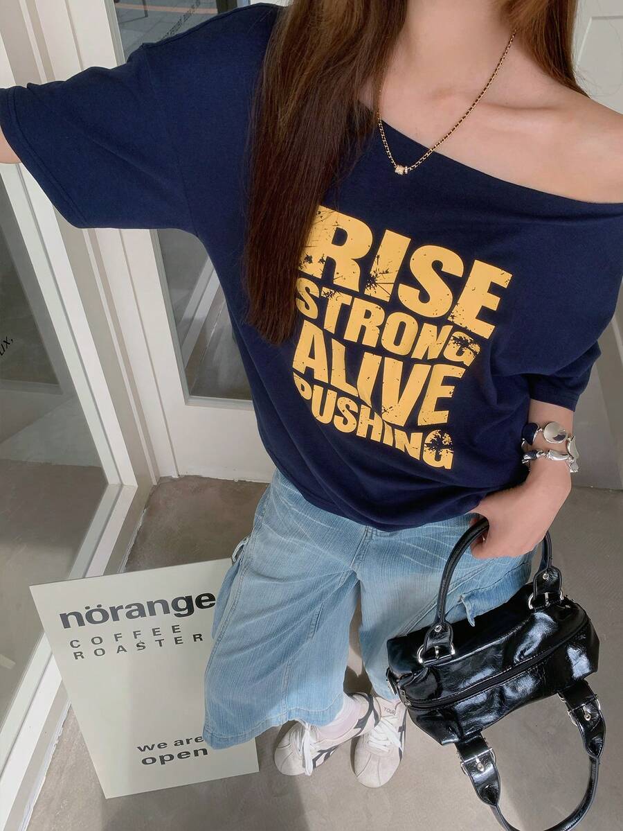 K-Vae Women's Navy Blue Asymmetrical Shoulder Short Sleeve T-Shirt, Contrast Color Letter Print, Loose Fit Flattering Top Daytime Summer Street Wear - Navy Blue - View 1