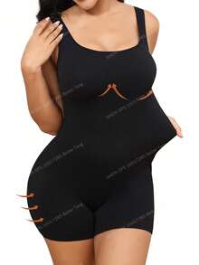 SHEIN BAE CURVE Plus Size Solid Shapewear Casual Comfy Strong Level Medium Stretch Unitard Romper - Black - View 6