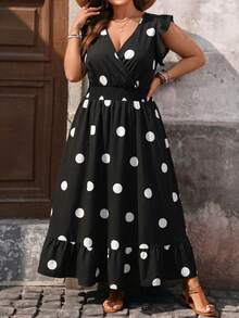 Breezaya Vestido casual de vacaciones de uso diario con volantes y estampado floral pequeño para tallas grandes - Negro - Ver 3
