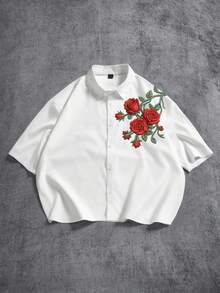 Manfinity ZONE917 Plus Size Boxy Cropped Loose Faux Embroidered Red Rose Floral Print White Short Sleeve Shirt, Suitable For Spring & Summer, Gift For Friends - Multicolor - View 5