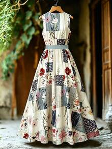 EMERY ROSE Women's Vacation Floral Print Patchwork Tie V-Neck Sleeveless Dress - Multicolor - View 2