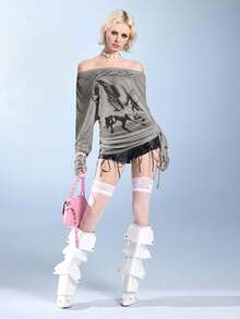ROMWE J-Fashion 反叛獨角獸印花露肩長袖女款T恤 - 灰色 - 查看 6