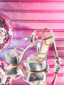 CUCCOO LuxiPop Women's Fashion Rhinestone Strip With Silver Sexy High-Heeled Sandals, Summer Wear, A Must For Travel, Nightclub Style Wear, Y2K - Silver - View 4