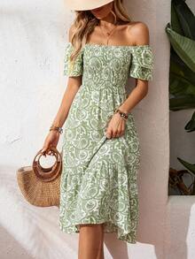 Breezaya Summer Floral Shirred Ruffle Hem Dress Maxi Vacation Beach Outfits Women - Green - View 6