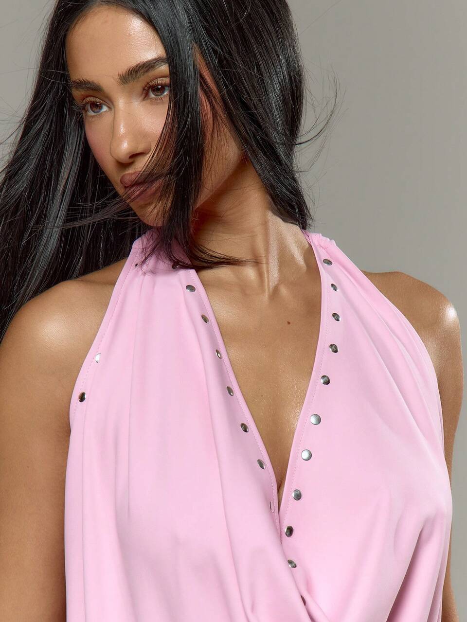 Pink Studded Cowl Halterneck Backless Unitard
