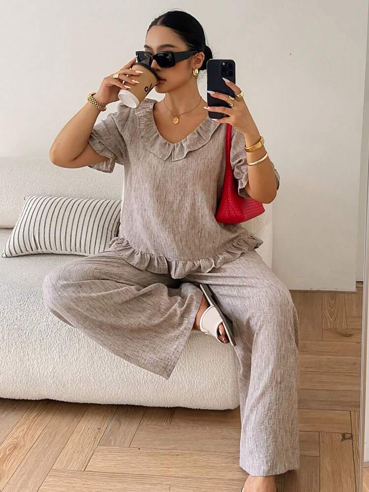 Dazy Plus Ruffled Hem Summer Vacation Loose Casual Top And Wide Leg Pants 2 Pieces Set For Women