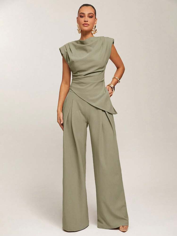 Silquee Áo blouse nữ thời trang mùa hè màu trơn vai rộng vạt bất đối xứng - xanh quân đội - Xem 4