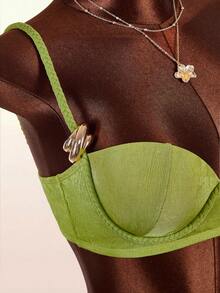 Amplova 2pcs Women's Sexy Halter Rope Detail Swimwear, Shiny Metallic Rope Cup Detail Sexy & Avant-Garde, Suitable For Beach Holiday, Green - Green - View 8
