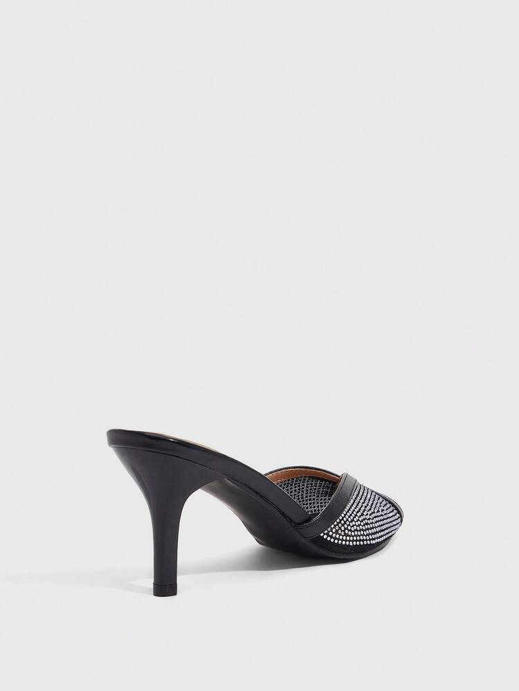 CUCCOO SZL Women's Fashion, Women's High-Heeled Sandals, Black, Rhinestones, Mesh Material, Pointed, Commuting, Comfort, Indoor, Office, Street, Party, Travel, Vacation, Spring And Summer, Suitable For Dresses, Jeans, Shorts, Stiletto Slippers