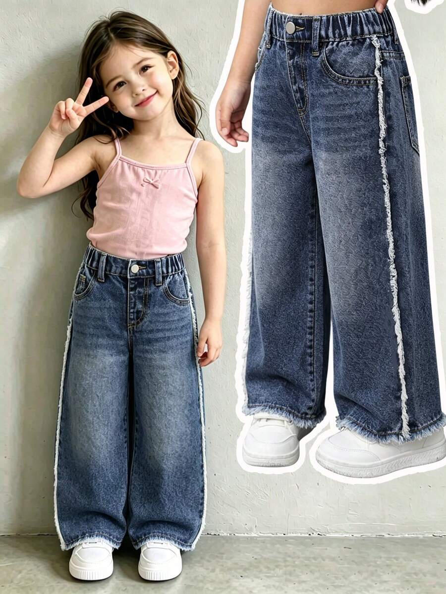 Genkimix Kids Denimly 青少女刺繡破洞直筒牛仔褲,休閒時尚學院風淺色水洗藍布料,不對稱破洞設計,高腰 - 藍色 - 查看 1