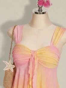 SHEIN ICON Women's Asymmetrical Ombre Mesh Ruffle Hem Camisole - Pink - View 4
