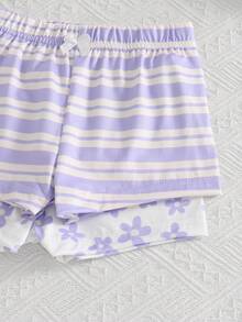 4pcs/Set Young Girl' Sweet & Cute Pink Series Floral & Striped Print Camisole & Shorts Underwear Set Autumn Fall - Mauve Purple - View 8