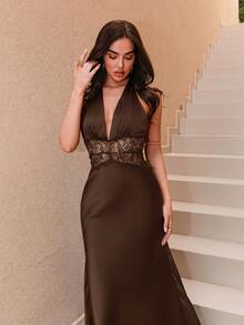 Bris Aura Black Sexy Deep V-Neck Lace Patchwork Fishtail Satin Dress Summer Party - Coffee Brown - View 6