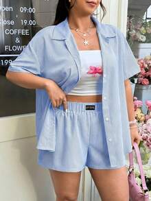 GalTyme 大码女式条纹单排扣短袖上衣和短裤休闲日常两件套 - 藍白色 - 查看 6